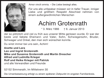 Traueranzeige von Achim Grotenrath von Super Sonntag / Super Mittwoch