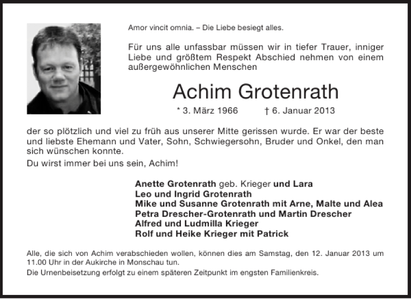  Traueranzeige für Achim Grotenrath vom 09.01.2013 aus Aachener Zeitung / Aachener Nachrichten