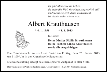 Traueranzeige von Albert Krauthausen von Aachener Zeitung / Aachener Nachrichten