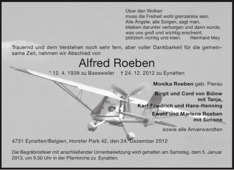  Traueranzeige für Alfred Roeben vom 02.01.2013 aus Aachener Zeitung / Aachener Nachrichten