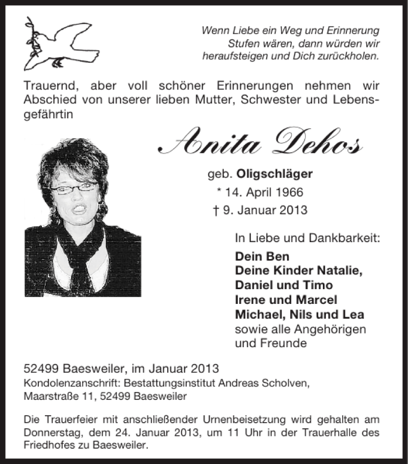  Traueranzeige für Anita Dehos vom 20.01.2013 aus Super Sonntag / Super Mittwoch