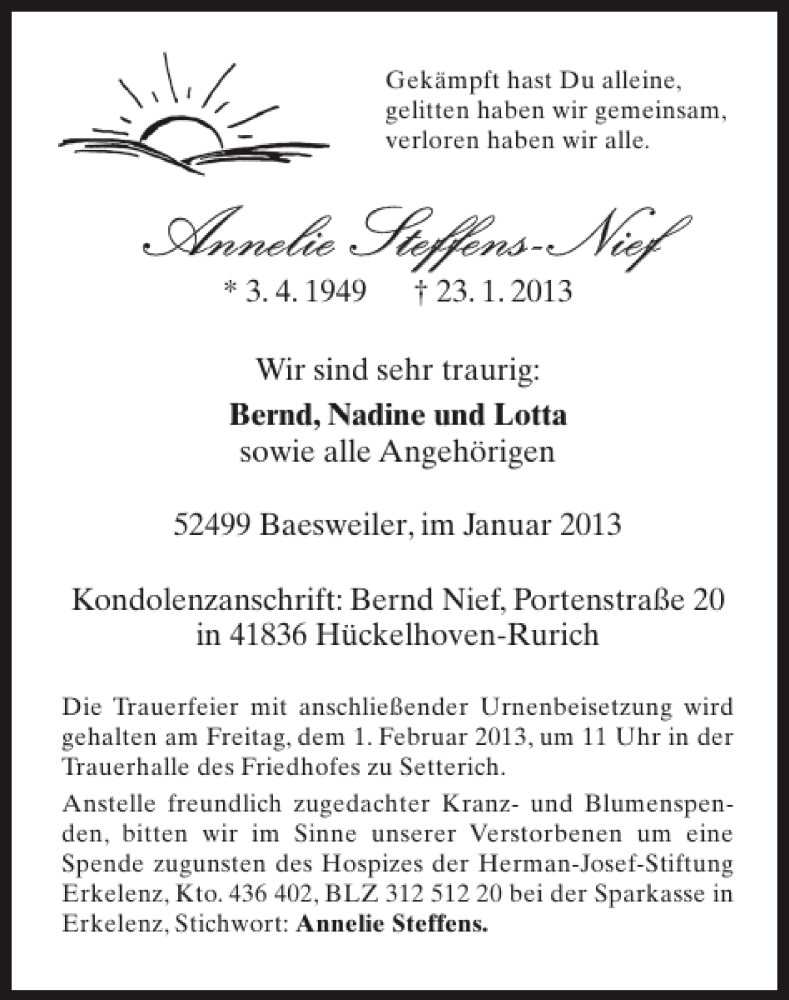  Traueranzeige für Annelie Steffens-Nief vom 27.01.2013 aus Super Sonntag / Super Mittwoch