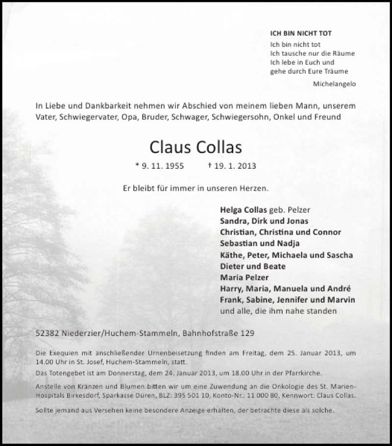  Traueranzeige für Claus Collas vom 23.01.2013 aus Aachener Zeitung / Aachener Nachrichten