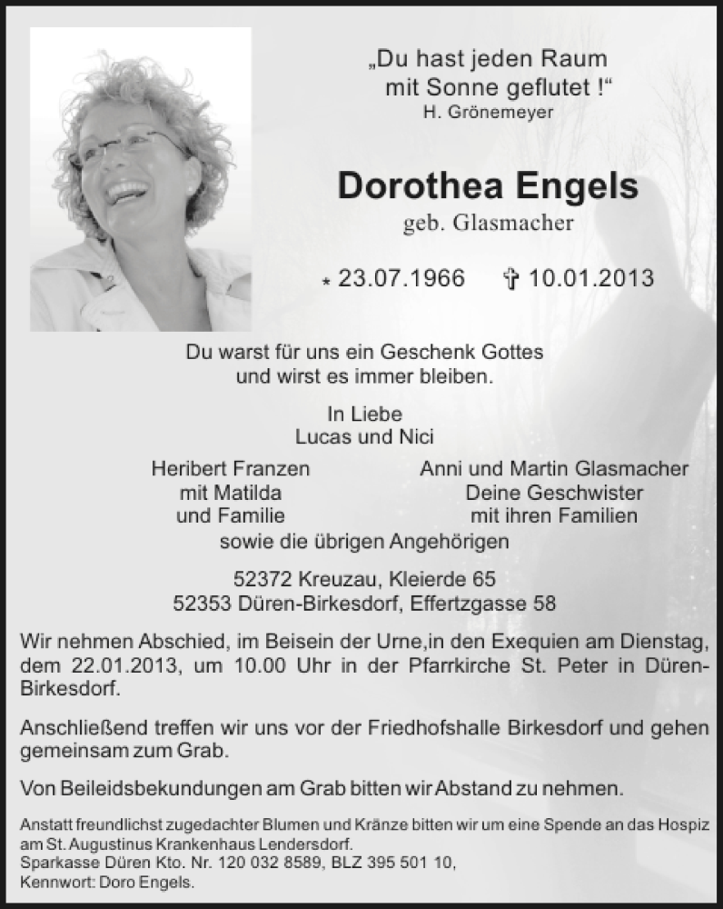  Traueranzeige für Dorothea Engels vom 20.01.2013 aus Super Sonntag / Super Mittwoch