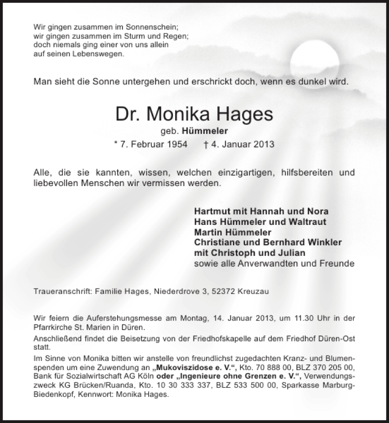  Traueranzeige für Dr. Monika Hages vom 09.01.2013 aus Aachener Zeitung / Aachener Nachrichten