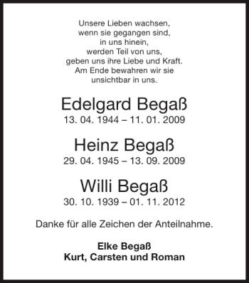 Traueranzeige von Edelgard Begaß Heinz Begaß Willi Begaß  von Super Sonntag / Super Mittwoch