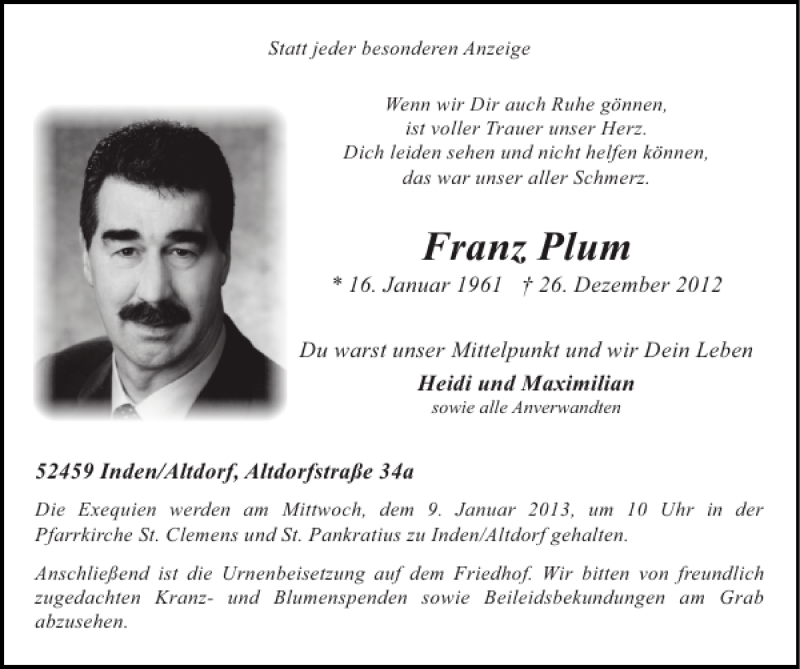  Traueranzeige für Franz Plum vom 06.01.2013 aus Super Sonntag / Super Mittwoch