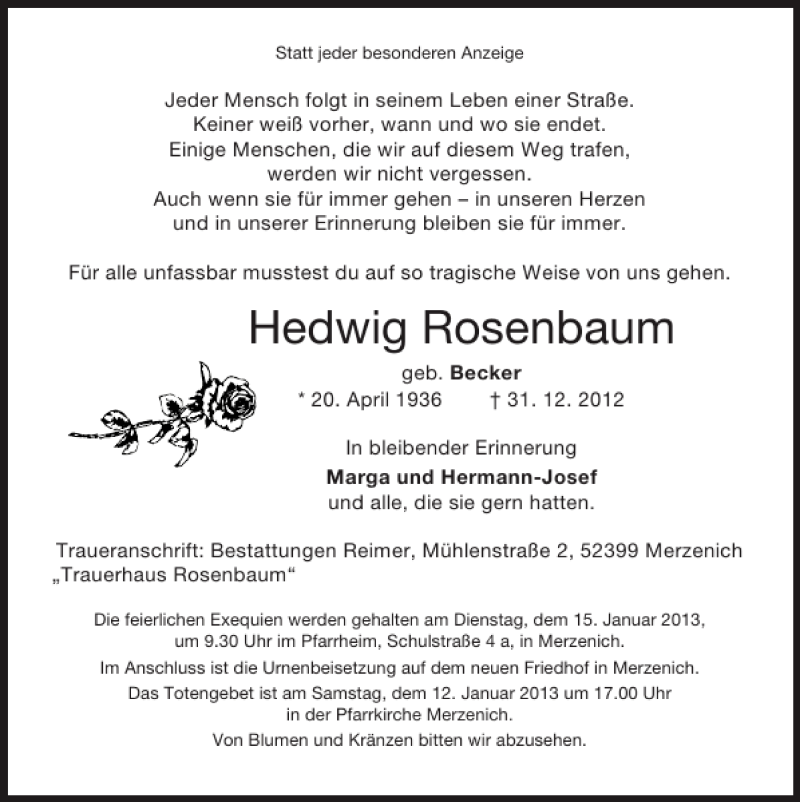  Traueranzeige für Hedwig Rosenbaum vom 06.01.2013 aus Super Sonntag / Super Mittwoch