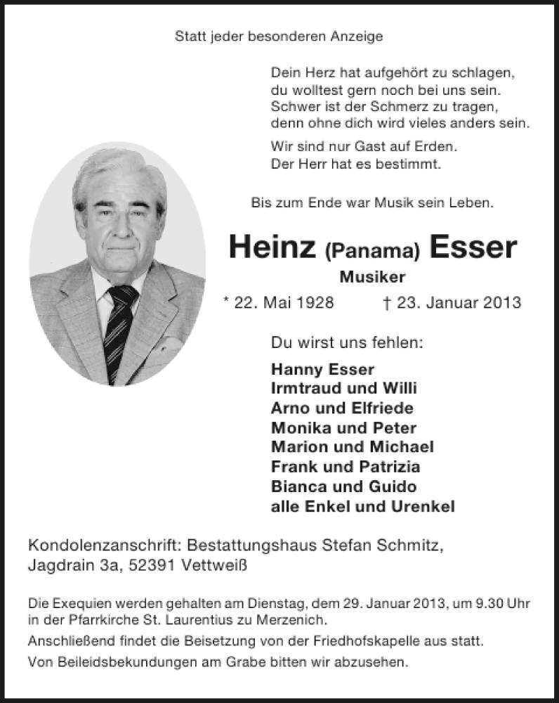  Traueranzeige für Heinz Esser vom 27.01.2013 aus Super Sonntag / Super Mittwoch