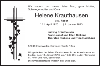 Traueranzeige von Helene Krauthausen von Super Sonntag / Super Mittwoch