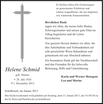 Traueranzeige von Helene Schmid von Super Sonntag / Super Mittwoch