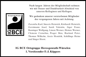 Traueranzeige von IG BCE Ortsgruppe Herzogenrath-?WürselenVorsitzender F.-J. Küppers  von Super Sonntag / Super Mittwoch