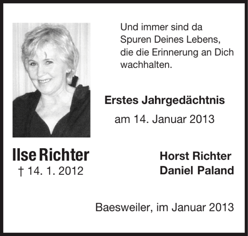 Traueranzeigen von Ilse Richter Aachen gedenkt