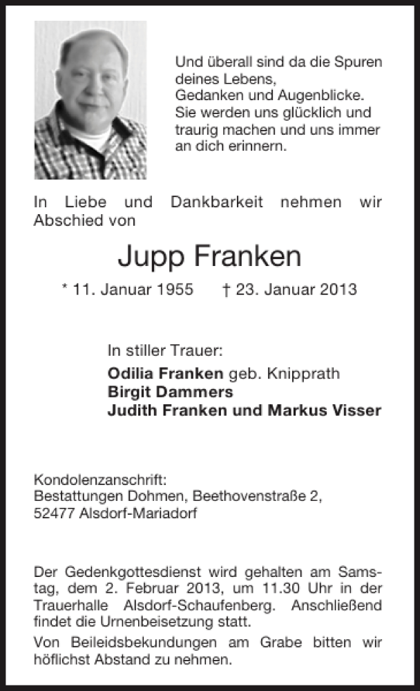  Traueranzeige für Jupp Franken vom 27.01.2013 aus Super Sonntag / Super Mittwoch