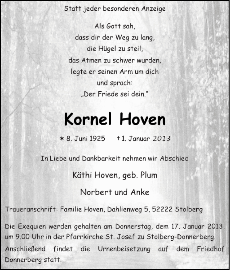  Traueranzeige für Kornel Hoven vom 13.01.2013 aus Super Sonntag / Super Mittwoch