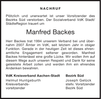 Traueranzeige von Manfred Backes von Aachener Zeitung / Aachener Nachrichten