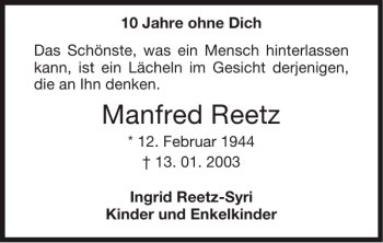 Traueranzeige von Manfred Reetz von Super Sonntag / Super Mittwoch