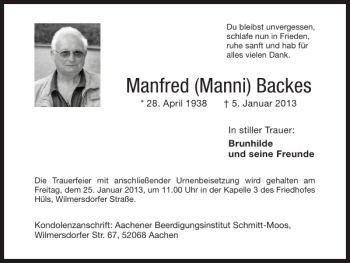 Traueranzeige von Manfred Manni Backes von Super Sonntag / Super Mittwoch