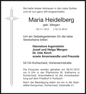 Traueranzeige von Maria Heidelberg von Aachener Zeitung / Aachener Nachrichten
