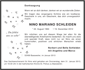Traueranzeige von NINO MARIANO SCHLEIDEN von Super Sonntag / Super Mittwoch