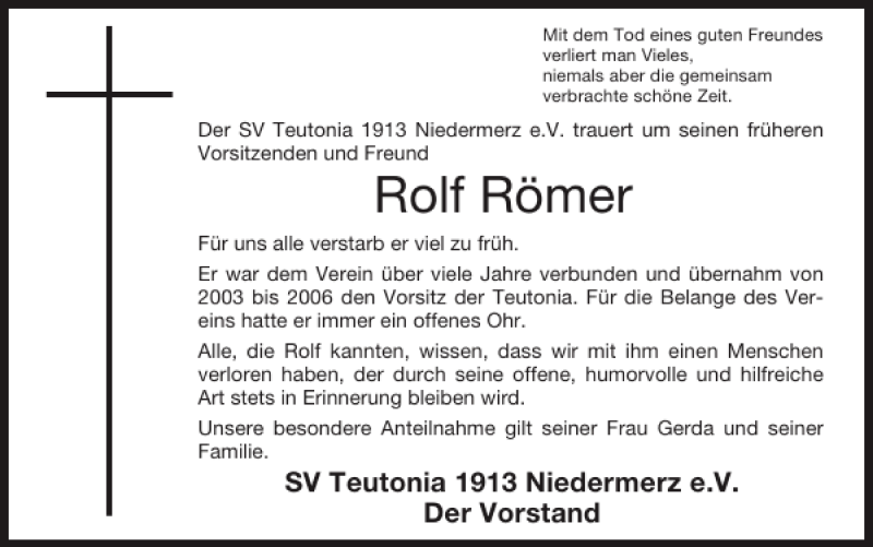  Traueranzeige für Rolf Römer vom 13.01.2013 aus Super Sonntag / Super Mittwoch