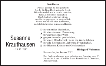 Traueranzeige von Susanne Krauthausen von Super Sonntag / Super Mittwoch