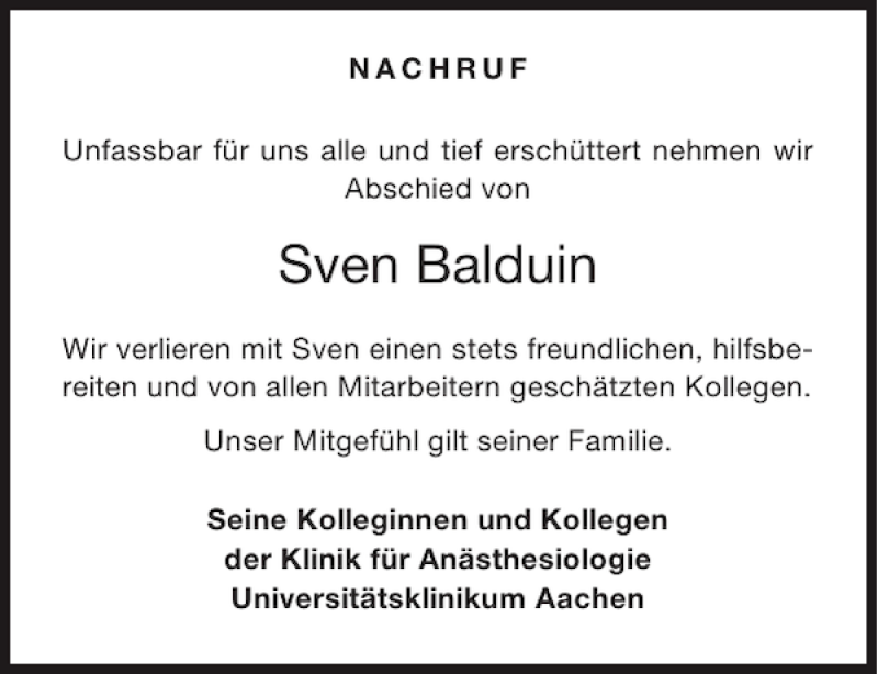  Traueranzeige für Sven Balduin vom 09.01.2013 aus Aachener Zeitung / Aachener Nachrichten