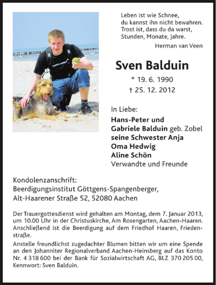  Traueranzeige für Sven Balduin vom 03.01.2013 aus Aachener Zeitung / Aachener Nachrichten