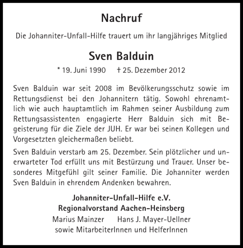 Traueranzeige für Sven Balduin vom 05.01.2013 aus Aachener Zeitung / Aachener Nachrichten