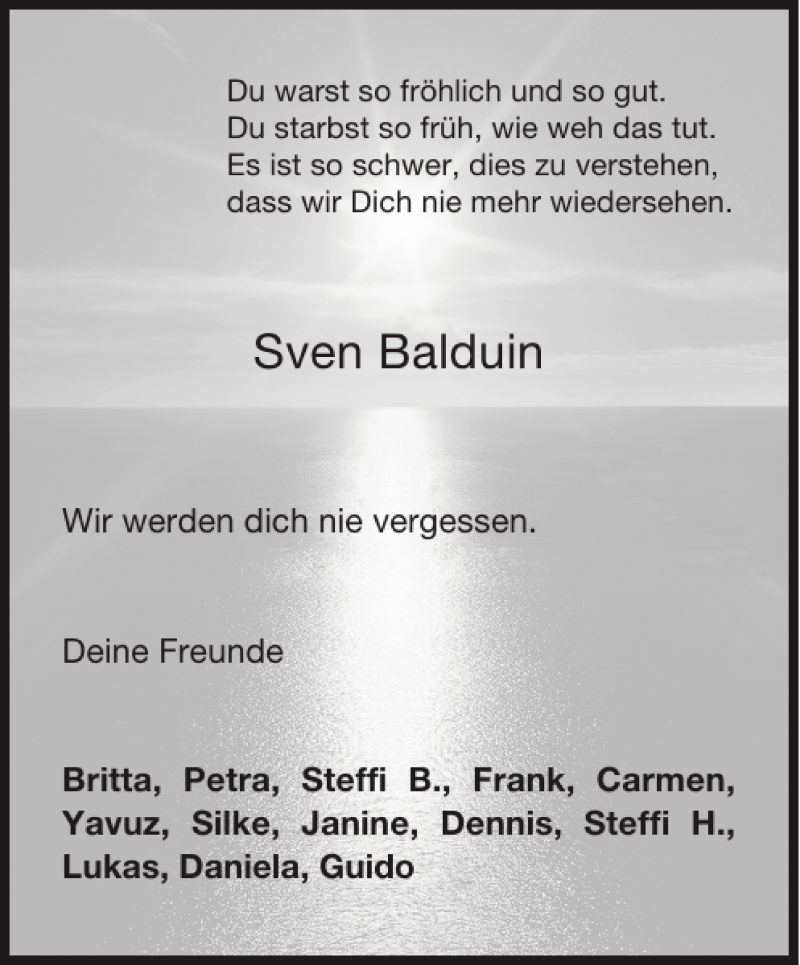 Traueranzeige für Sven Balduin vom 05.01.2013 aus Aachener Zeitung / Aachener Nachrichten