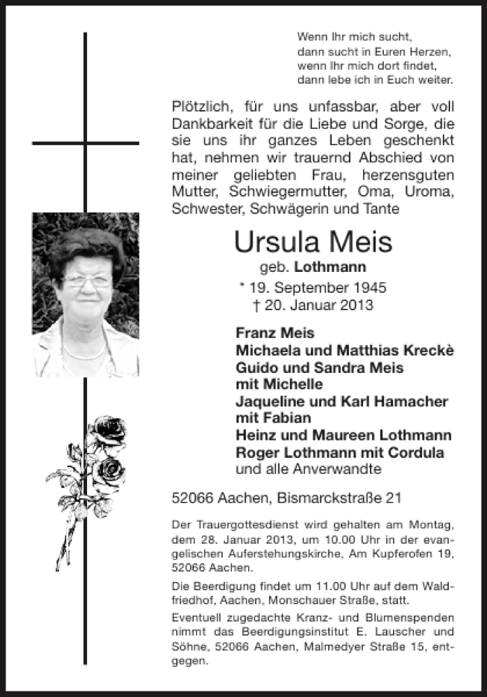  Traueranzeige für Ursula Meis vom 24.01.2013 aus Aachener Zeitung / Aachener Nachrichten