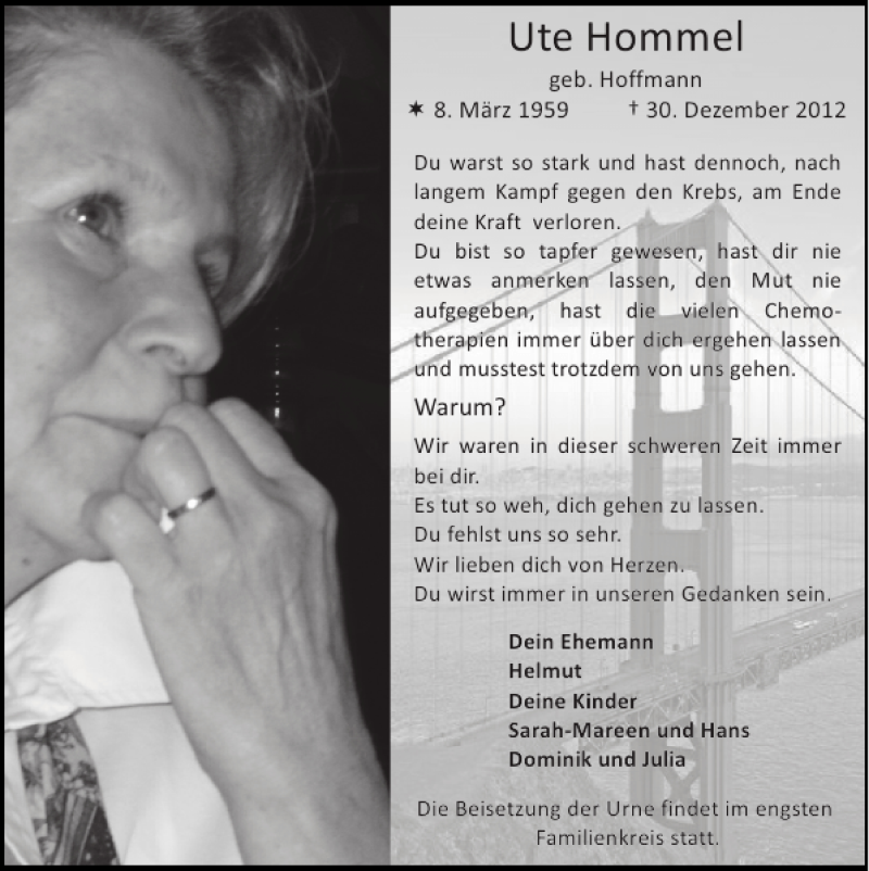  Traueranzeige für Ute Hommel vom 06.01.2013 aus Super Sonntag / Super Mittwoch