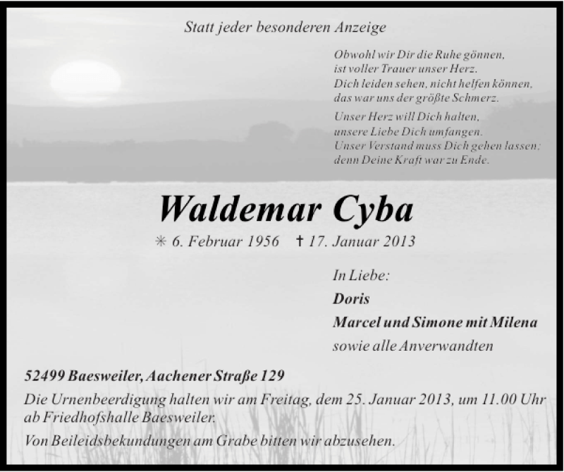  Traueranzeige für Waldemar Cyba vom 23.01.2013 aus Super Sonntag / Super Mittwoch