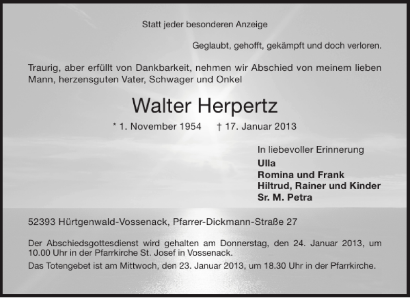  Traueranzeige für Walter Herpertz vom 21.01.2013 aus Aachener Zeitung / Aachener Nachrichten