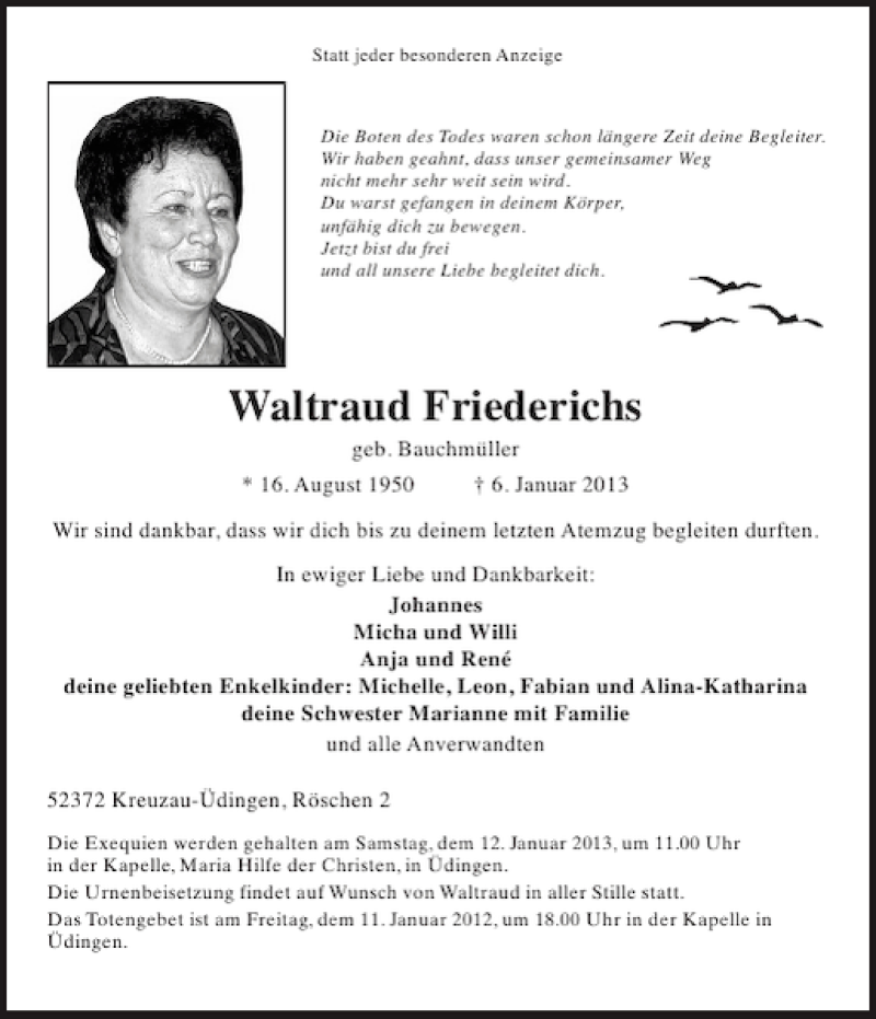  Traueranzeige für Waltraud Friederichs vom 09.01.2013 aus Aachener Zeitung / Aachener Nachrichten