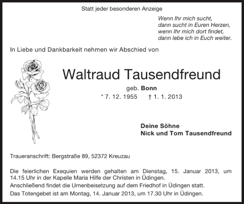  Traueranzeige für Waltraud Tausendfreund vom 13.01.2013 aus Super Sonntag / Super Mittwoch