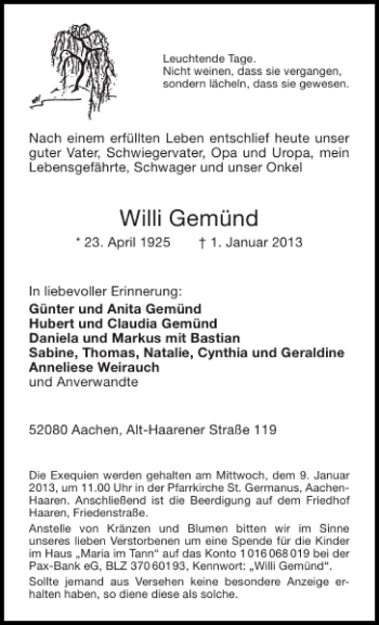 Traueranzeige von Willi Gemünd von Aachener Zeitung / Aachener Nachrichten
