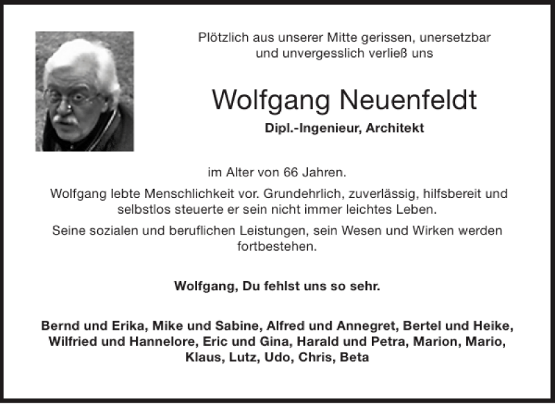  Traueranzeige für Wolfgang Neuenfeldt vom 19.01.2013 aus Aachener Zeitung / Aachener Nachrichten