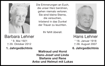 Traueranzeige von Barbara Lehner Hans Lehner von Super Sonntag / Super Mittwoch