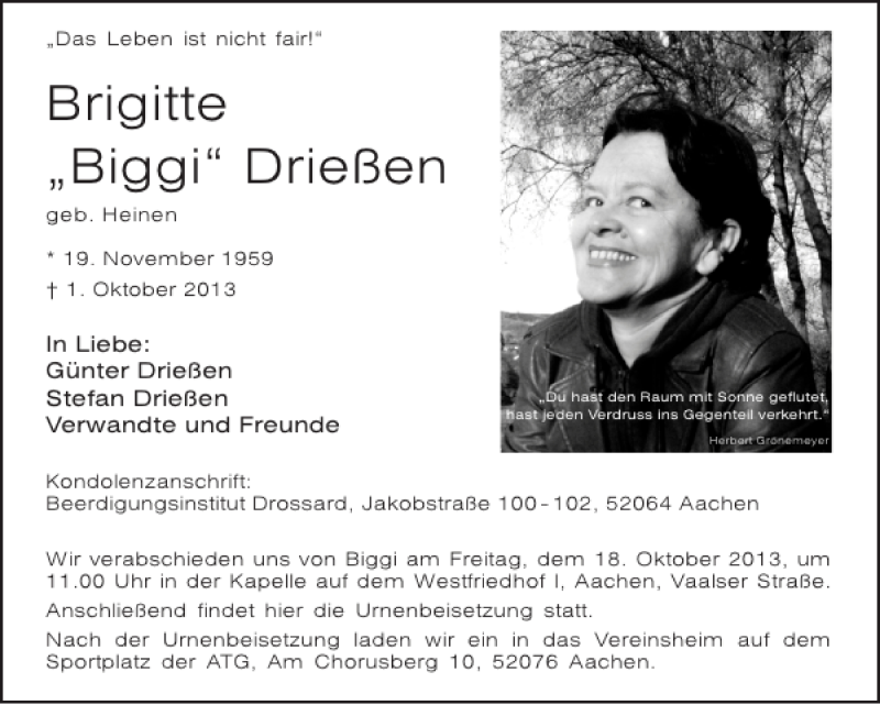  Traueranzeige für Brigitte Biggi Drießen vom 12.10.2013 aus Aachener Zeitung / Aachener Nachrichten