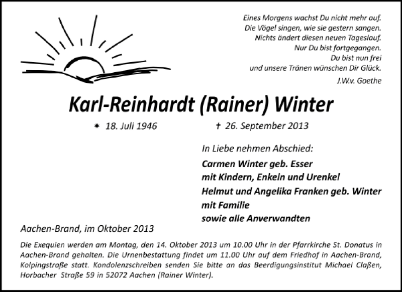  Traueranzeige für Carl-Reinhardt 'Rainer' Winrter vom 12.10.2013 aus Aachener Zeitung / Aachener Nachrichten