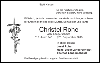 Traueranzeige von Christel Rohe von Super Sonntag / Super Mittwoch