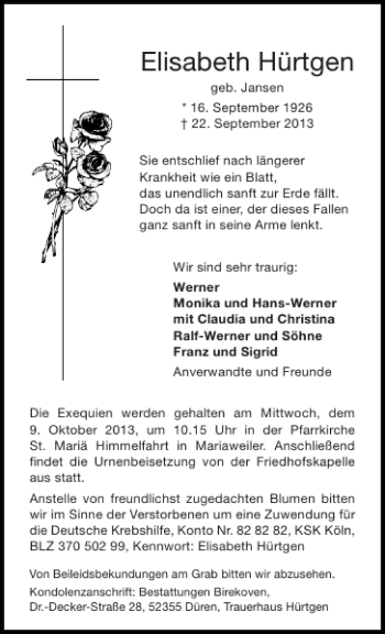 Traueranzeige von Elisabeth Hürtgen von Aachener Zeitung / Aachener Nachrichten