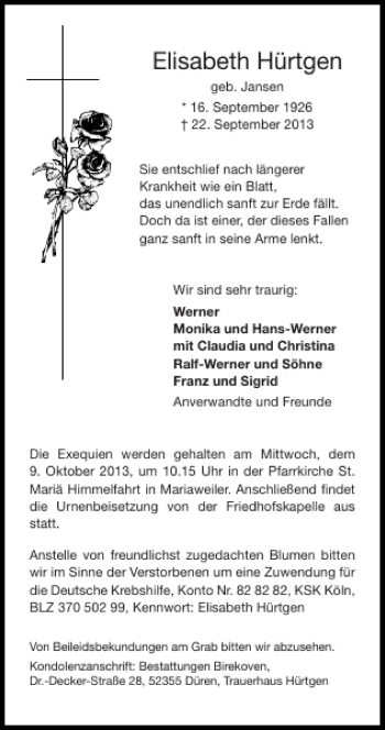 Traueranzeige von Elisabeth Hürtgen von Super Sonntag / Super Mittwoch