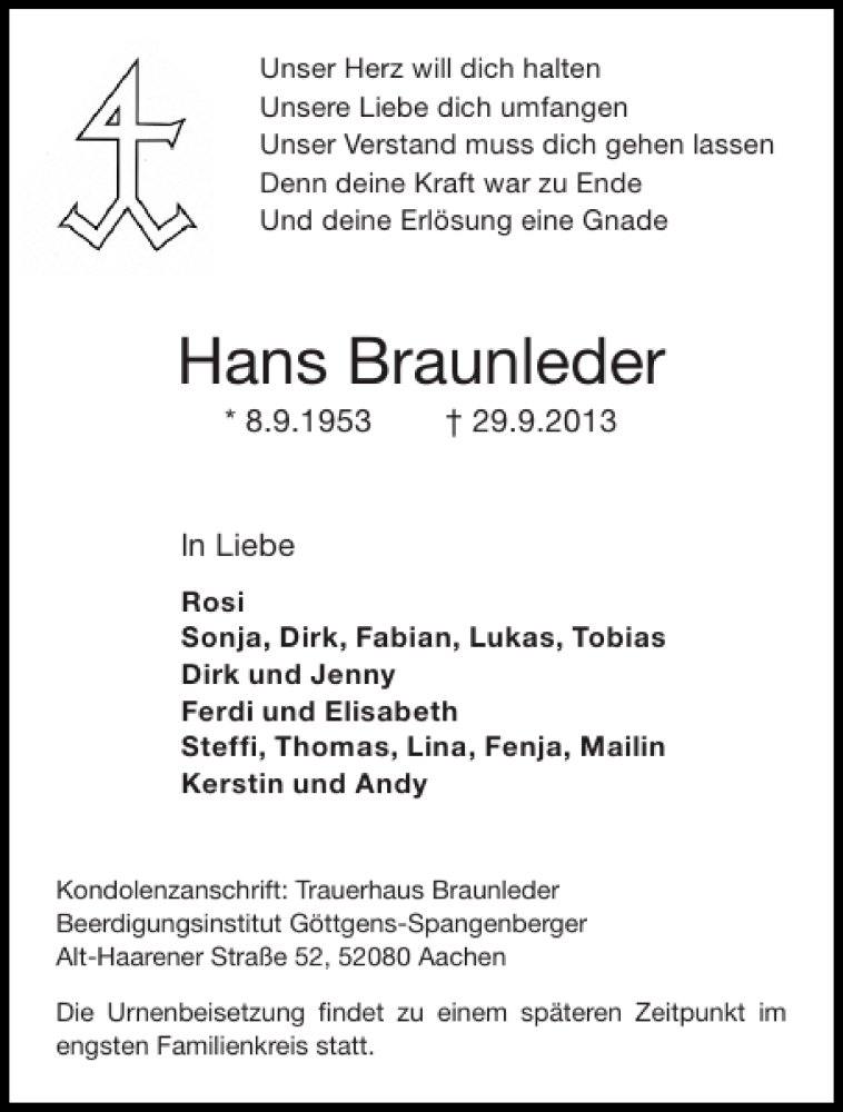  Traueranzeige für Hans Braunleder vom 05.10.2013 aus Aachener Zeitung / Aachener Nachrichten