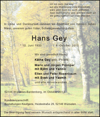 Traueranzeige von Hans Gey Hans Gey von Super Sonntag / Super Mittwoch