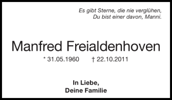 Traueranzeige von Manfred Freialdenhoven von Super Sonntag / Super Mittwoch