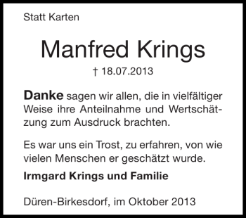 Traueranzeige von Manfred Krings von Super Sonntag / Super Mittwoch