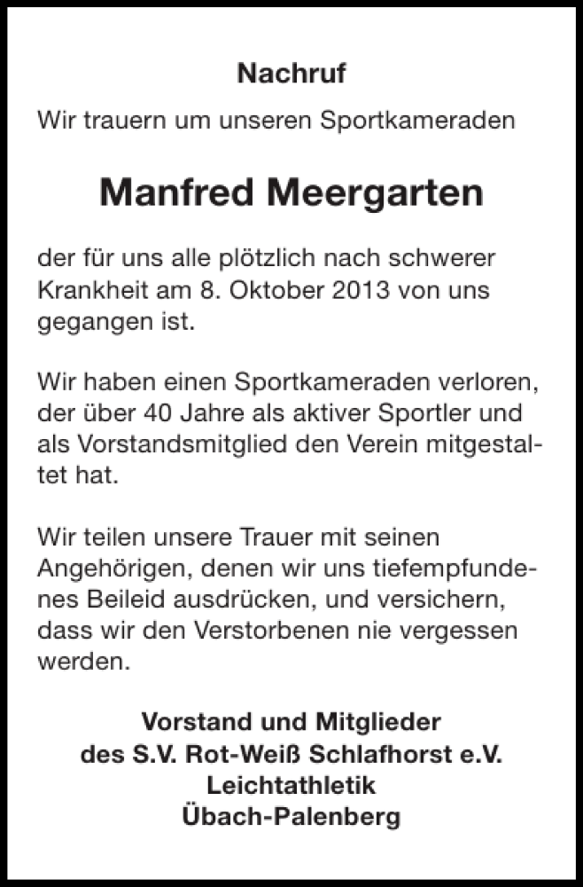  Traueranzeige für Manfred Meergarten vom 13.10.2013 aus Super Sonntag / Super Mittwoch