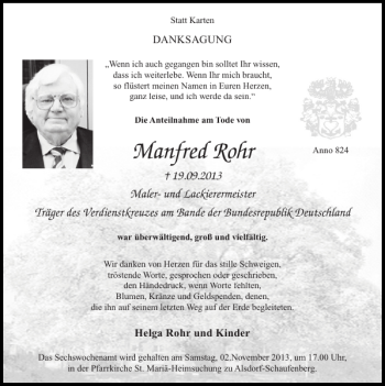 Traueranzeige von Manfred Rohr von Super Sonntag / Super Mittwoch